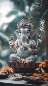 Marble Ganesha idol rendered with shallow depth and soft bokeh