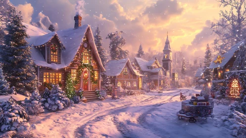 Snow-covered village street glows with dense warm festive lighting