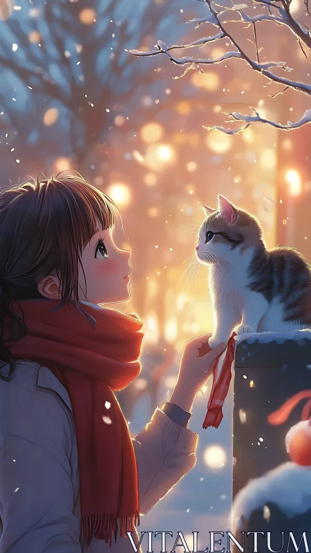 Snowlit anime girl and cat rendered with warm bokeh lighting