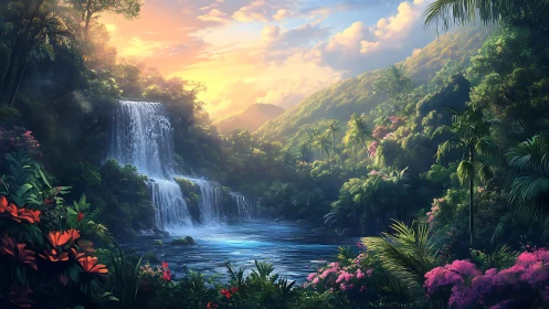 Sunlit tropical waterfall flows into dense jungle river