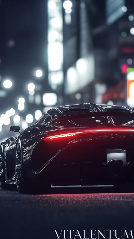 Midnight rear view of futuristic hypercar on wet neon street