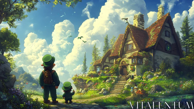 Two travelers observe cottage in lush, sunlit fantasy valley