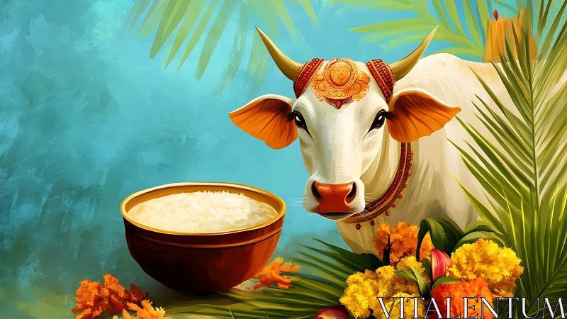 Sacred adorned cow stands by offering bowl in lush color