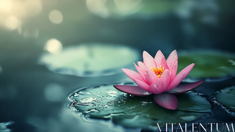 Pink lotus bloom on tranquil water with dreamy bokeh glow.