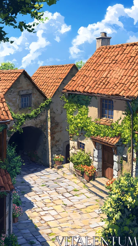 Sunlit stone courtyard renders warm Mediterranean atmosphere