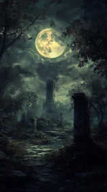 Moonlit ruins under stormy sky in haunted forest night.