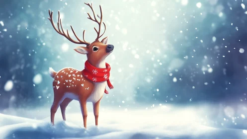 Snowy woodland fawn in red scarf, softly glowing scene.