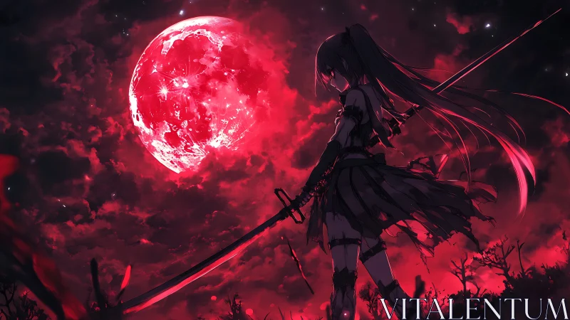 Sword-wielding girl under burning crimson lunar sky.