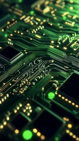 Glowing green circuit board channels direct pulsing data flow