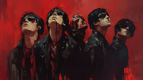 Shadowed rock band bathed in fierce crimson light.