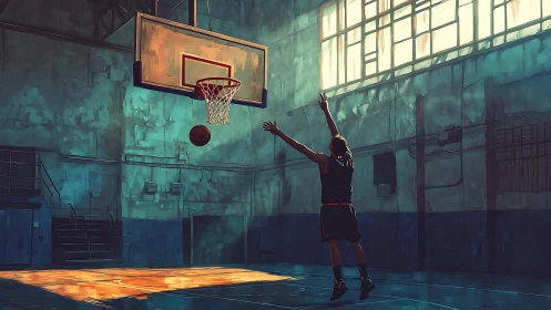 Solo basketball player shoots under golden gym light.