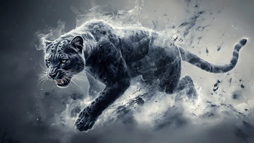 Ethereal Black Panther Emerging Through Explosive Particle Dissolution.