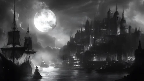 Moonlit gothic harbor city rises under dense storm clouds