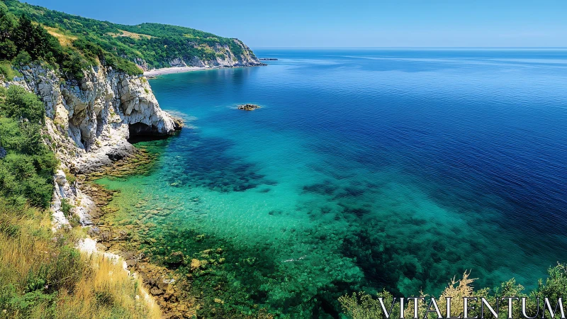 Turquoise cliffs and gentle coves along a calm summer sea.