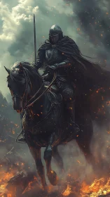Armored rider on warhorse amid smoke and scattered flames.