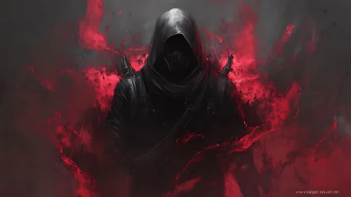 Digital painting of hooded assassin in crimson vortex field.