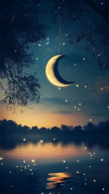 Hanging crescent moon glows over tranquil twilight lake.