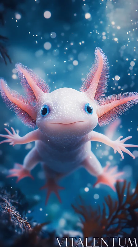 Playful axolotl drifts through glowing blue underwater world