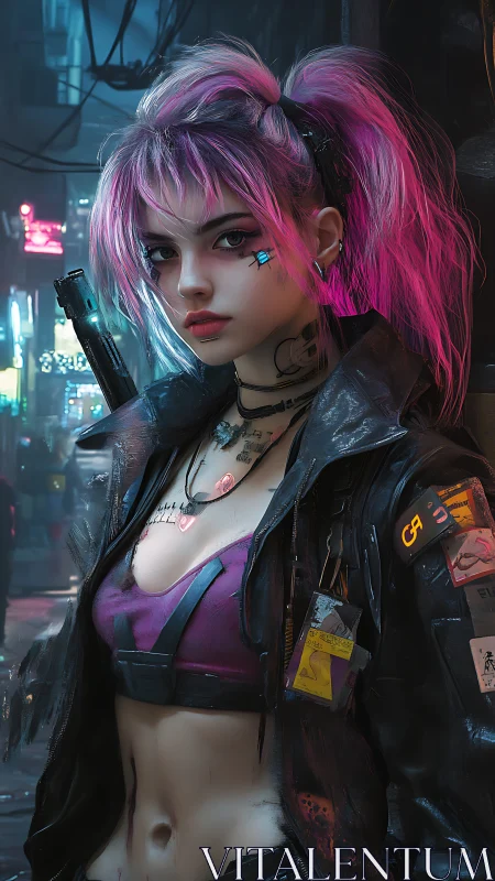 Neon-haired street sexy girl mercenary in rainy cyberpunk alleyway.
