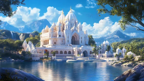 Majestic white temple palace rises beside tranquil mountain lake