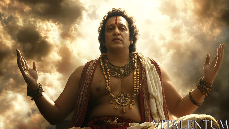 Dramatically lit spiritual figure in traditional jewelry against clouds