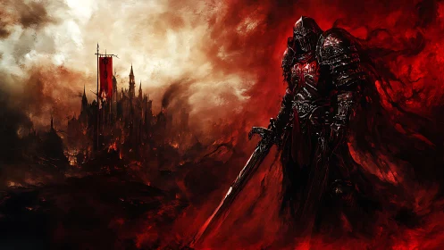 Armored figure stands before distant fortress in red haze