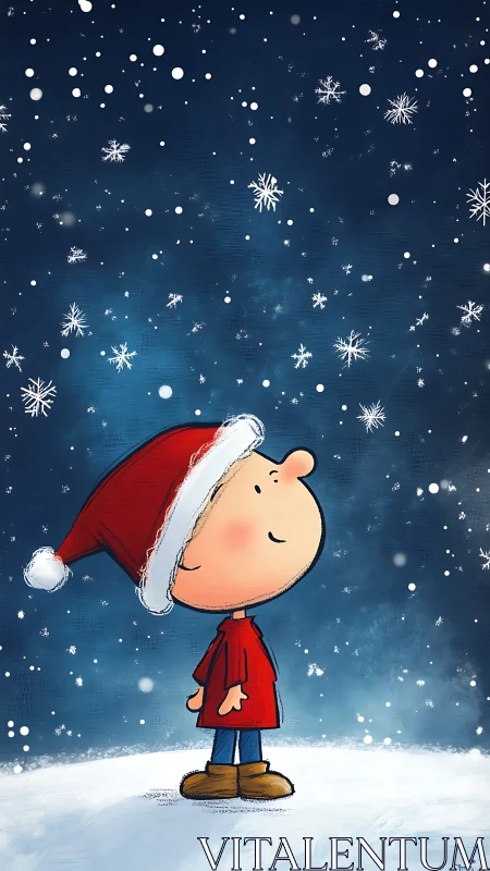 Cartoon child in red coat observing falling snowflakes.