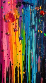 Bold rainbow paint rivers stream down a dark playful canvas