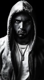 Intense hooded man in high contrast monochrome portrait.