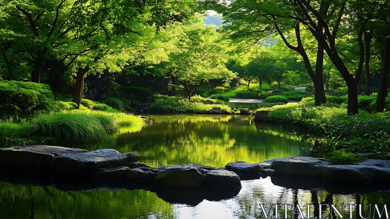 Tree-lined pond with stone crossing in landscaped garden.