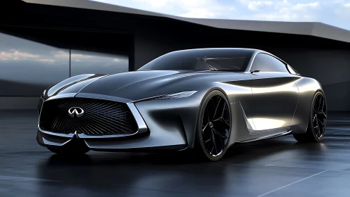 Sculpted silver coupe concept in low-key studio lighting panorama.