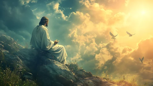 Figure in white robe sits on rocky slope under bright sky