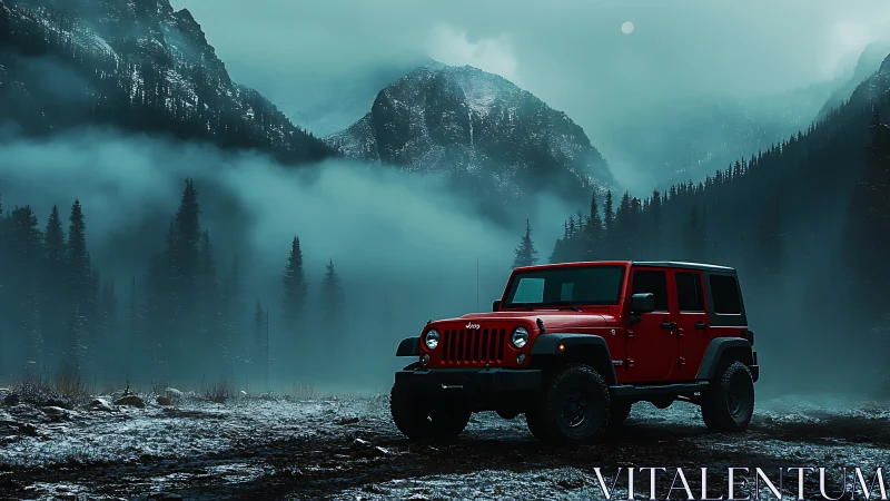 Scarlet off‑roader prowls through moody alpine misted valley.