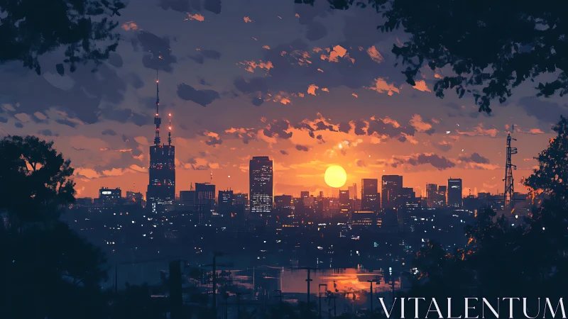 Urban skyline at sunset rendered in atmospheric digital painting