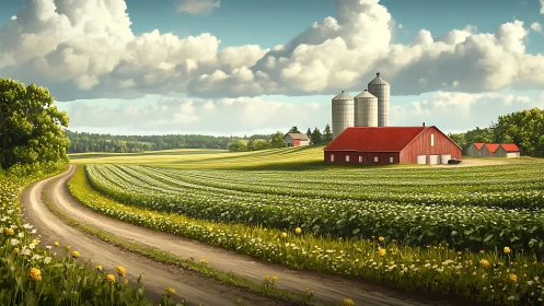 Sunlit country farmstead with red barn and curving lane.