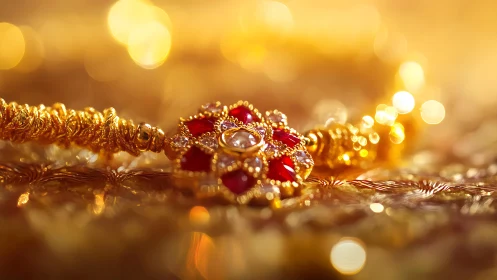 Golden bracelet blooms with ruby flower charm in warm light