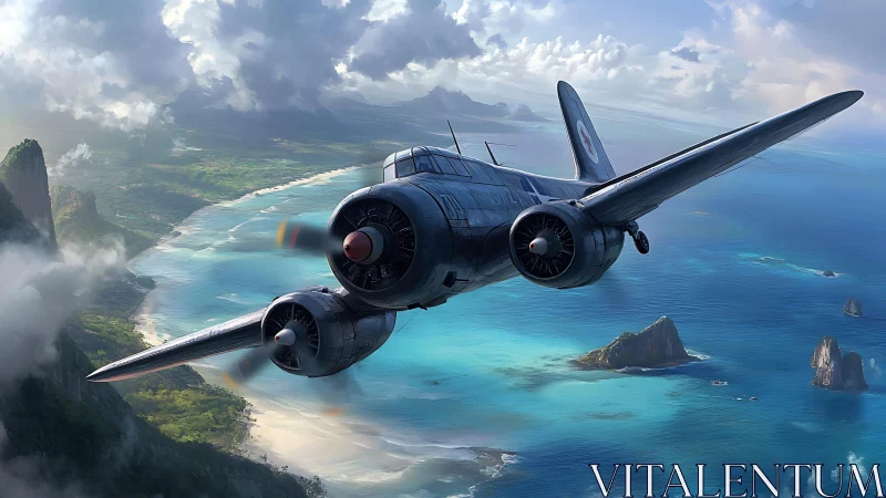 Twin-engine seaplane glides above tropical coastline vista.