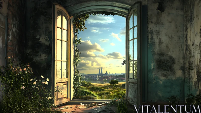 Open doorway in aged room framing distant urban skyline.