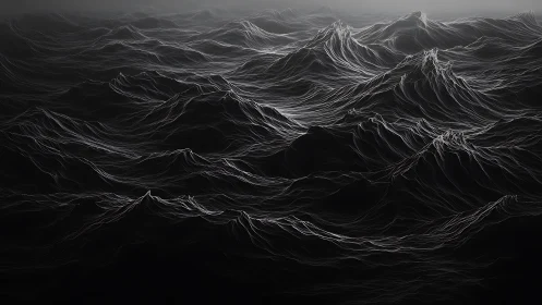 Monochrome wireframe landscape forms layered wave-like ridges