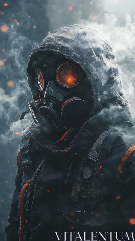 Cyberpunk gas-mask sentry in embers and storm haze.