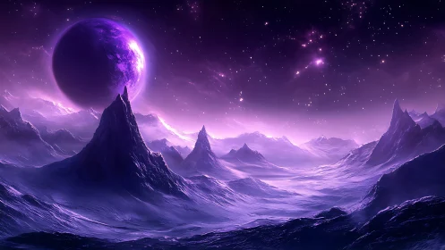Nebula-kissed ice peaks whisper beneath a rising violet moon