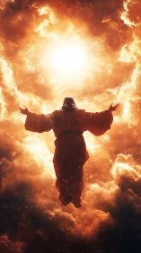 Backlit robed figure ascends toward radiant celestial light
