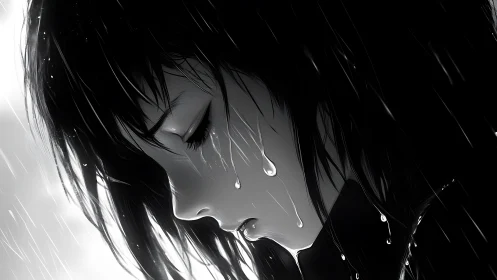 Profile view of wet anime face under diagonal rain lines.