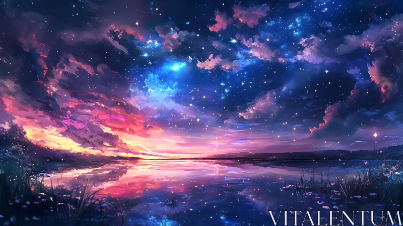 Starlit twilight sky over reflective lake in vivid color.