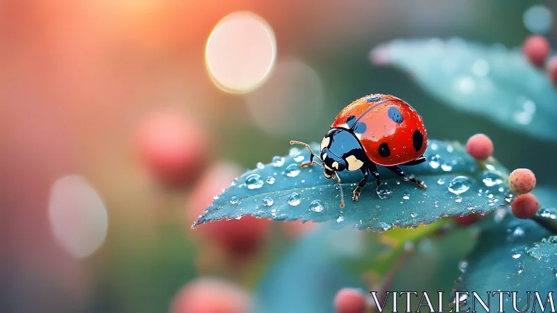 Macro optical study of ladybird on dew coated foliage.