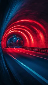 Neon-lit highway tunnel curves through saturated red-blue glow