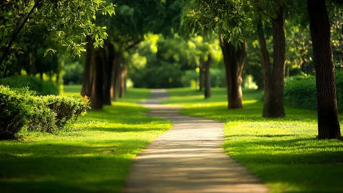 Paved park pathway extends through evenly spaced green trees