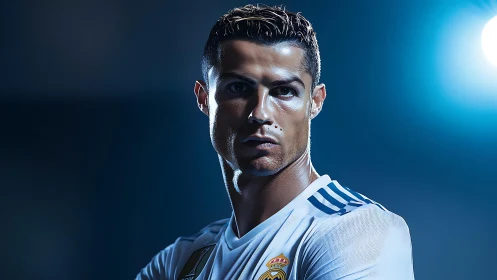 Focused football player portrait under dramatic blue light.