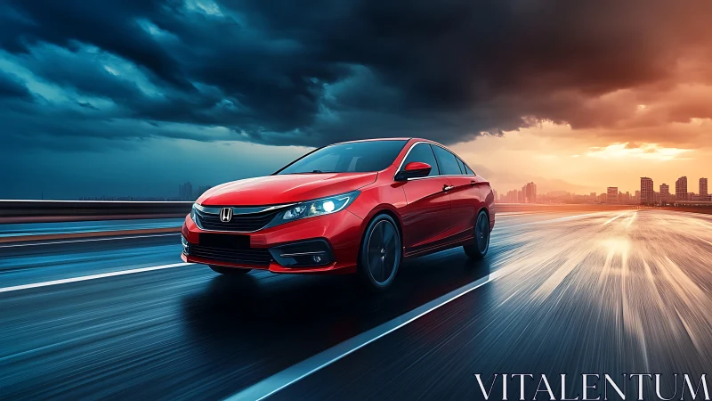 Red sedan racing on wet highway at sunset stormlight.