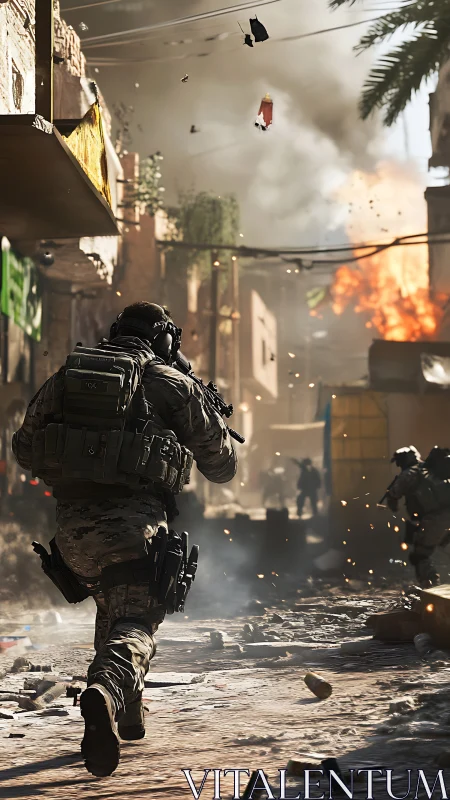 Soldier advances through urban street as explosion occurs ahead
